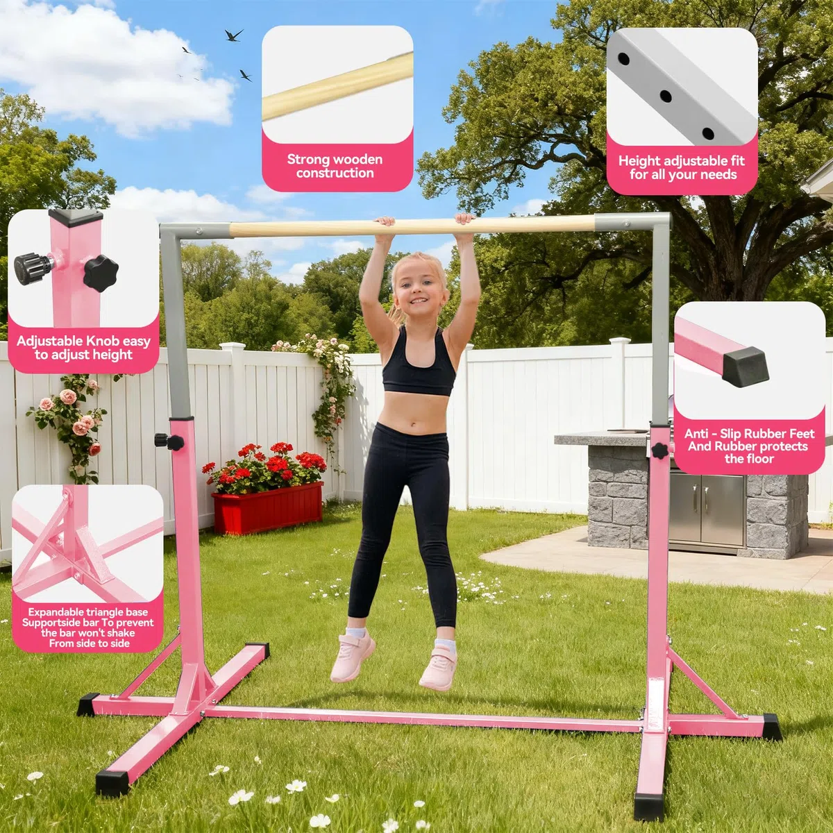 FBSPORT Barre de Gymnastique Enfant Rythmique avec Anneaux de Gymnastique, 13 équipement d'entraînement de Gymnase Gymnastique Bar réglable en Hauteur pour l'intérieur et l'extérieur