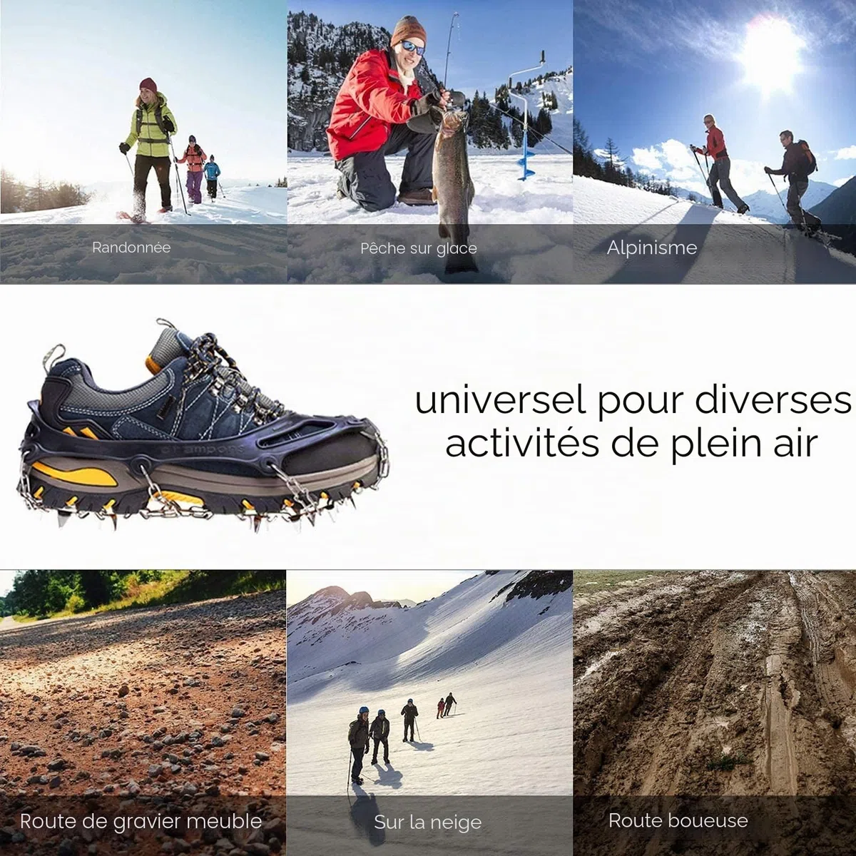Crampons Neige Antidérapants pour Glace, Grips de Traction avec 19 Pointes en Acier Inoxydable pour Chaussures et Bottes, Hommes et Femmes, Sécurisés pour Randonnée, Pêche, Marche et Alpinisme