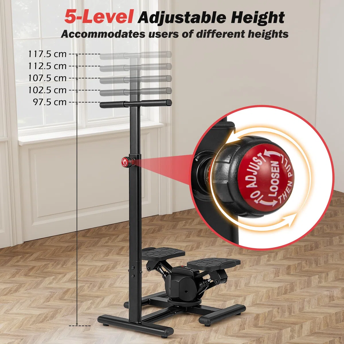 KOMFOTTEU Step Fitness CASA avec Guidon réglable en Hauteur, Entraîneur pour l'Entraînement Physique et Exercice, Pédales antidérapantes, Écran LCD, Appareil de Fitness pour Maison & Bureau, Noir