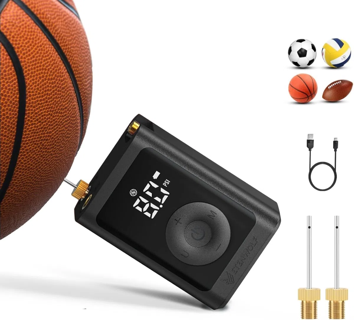 ETENWOLF Pompe à Balles Électrique Gonflage & Dégonflage 0,14-1,17 Bar,Pompe à Basketball avec Manomètre de Précision, Pompe à Air Rechargeable pour Ballons, Pompe à Air pour Ballon