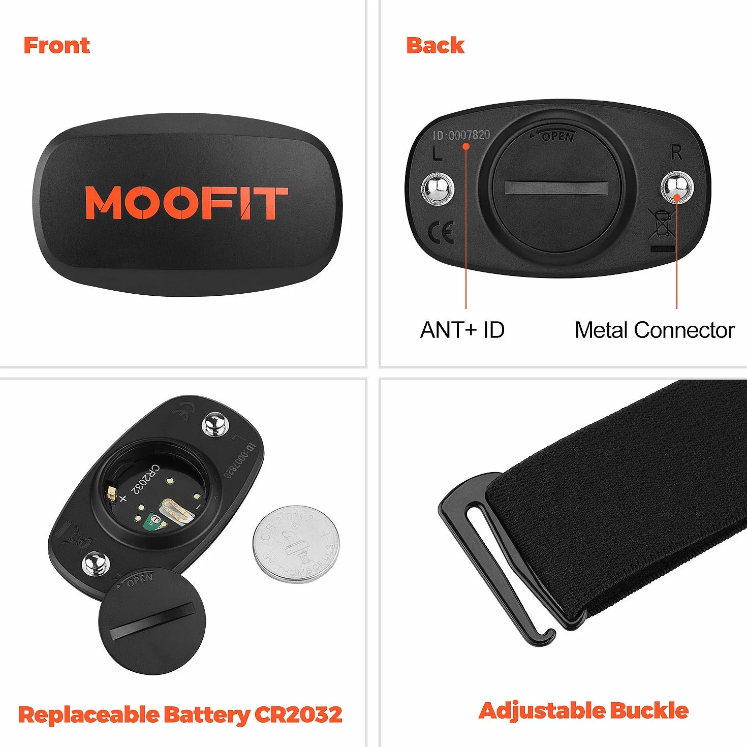 moofit HR6 Moniteur de Fréquence Cardiaque, HRM Fitness Tracker avec Ceinture Pectorale, étanche IP67, Protocole Bluetooth/Ant+, Compatible avec Les Applications iOS/Android.