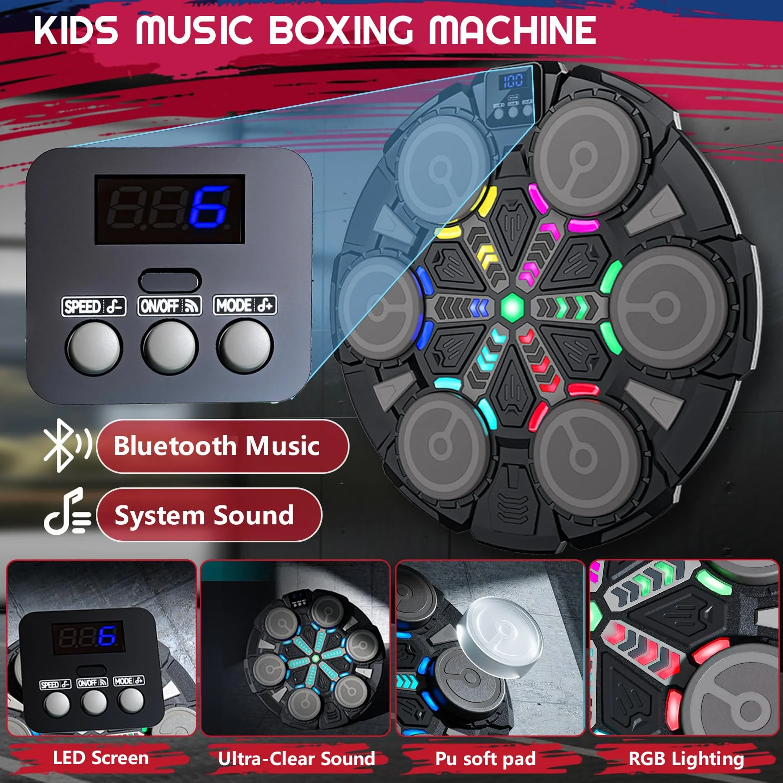 Machine de Boxe Musicale, Machine de Boxe Musicale Bluetooth Intelligente avec Gants de Boxe, 6 Vitesses, 2 Modes, Mode de Comptage, Cadeaux pour Enfants, Adultes (Noir-B)