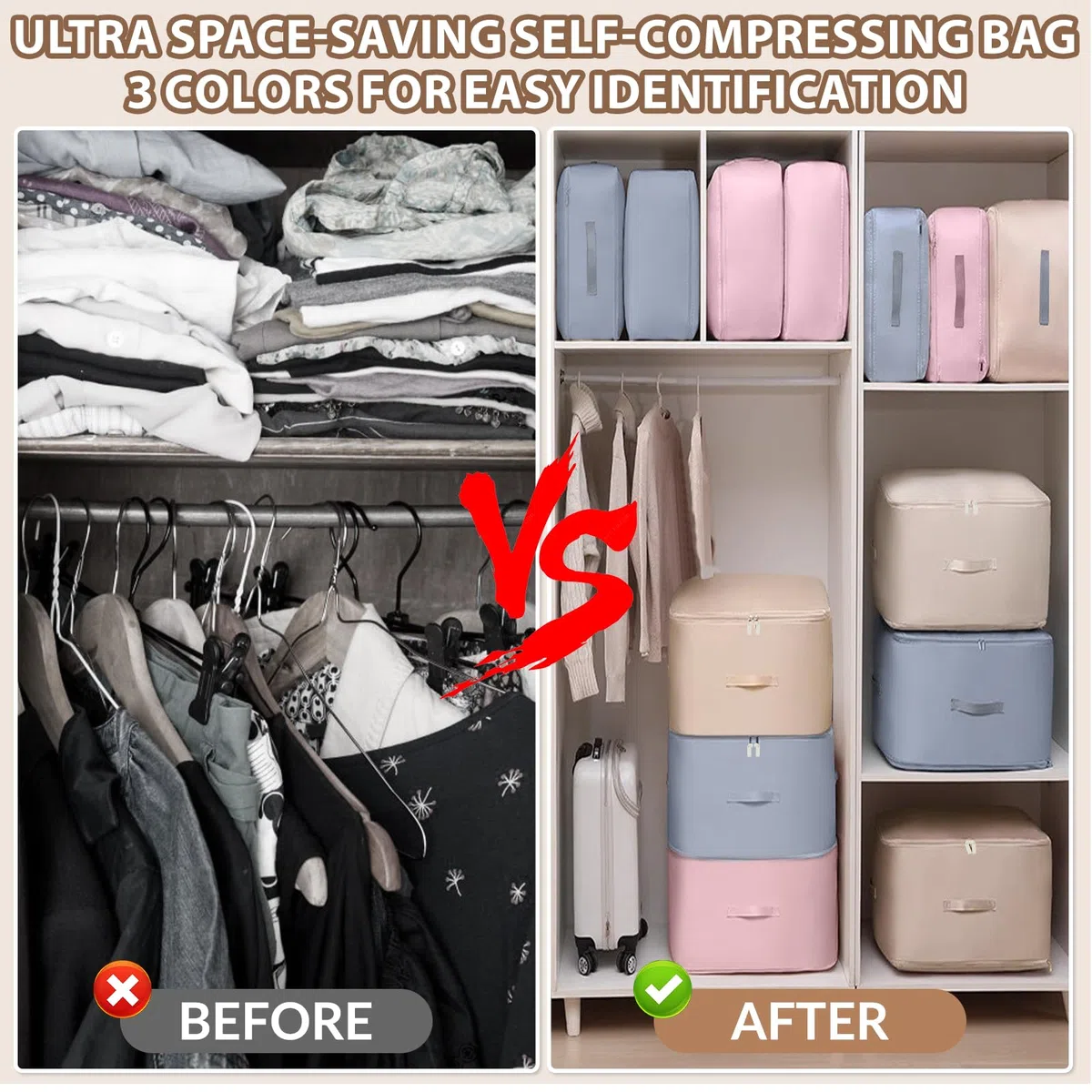 Lot de 3 Organisateur D'auto-Compression Ultra Peu Encombrant, Sac de Compression Empilable, Grande Capacité À 3 Couches, pour Couettes et Vêtements, Sac de Compression Voyage 3 Couleurs