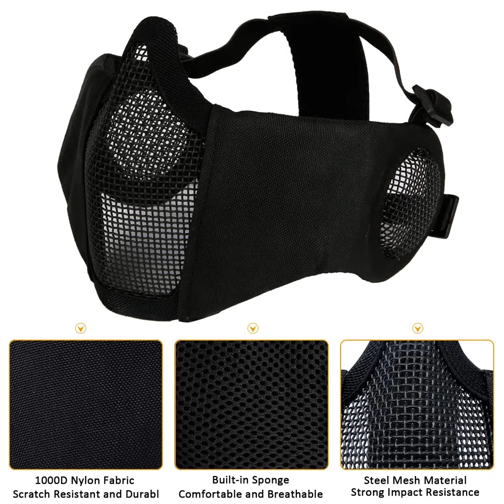 Ensemble de masque et lunettes d'airsoft, demi-masque en maille métallique avec protection auditive, lunettes anti-UV, protection des yeux pour extérieur, chasse, jeu CS
