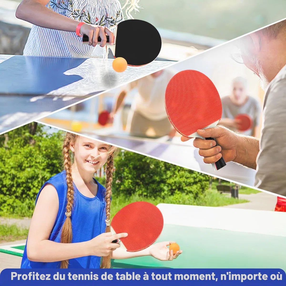 Xpieoyrm Ensemble Pong de Table Portable, Set de 2 Raquettes de Ping-Pong, 4 Raquette de Tennis de Table, 8 Balles et Sac de Transport, Ping Pong Kit pour Adultes Enfants, pour Loisir,Entraînement