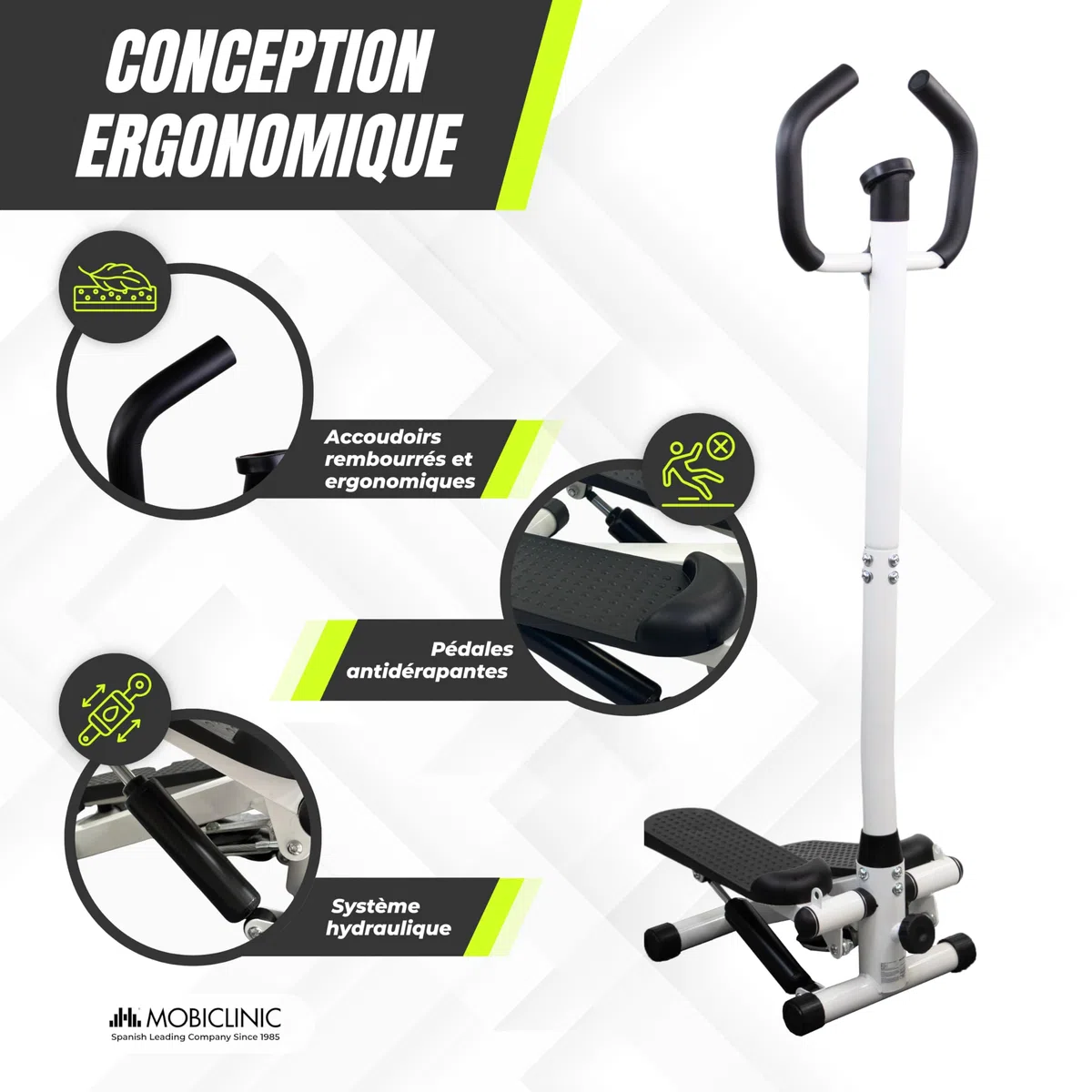 Mobiclinic®, Stepper avec Guidon, Hauteur Réglable, Écran LCD, Intensité Réglable, Pédales Antidérapantes, Appareil Pas à Pas, Compact, Exercice à Domicile, Step-Pro