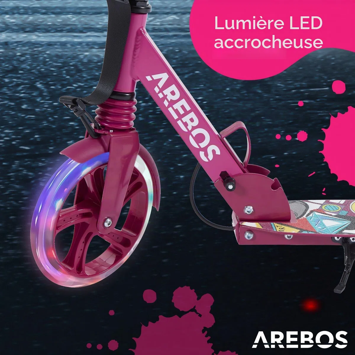 Arebos Trottinette de ville avec LED - Réglable en hauteur - Pliable - Avec Sangle de transport, frein à main et marchepied, pour enfants et adultes, charge maximale : 100 kg, trottinette