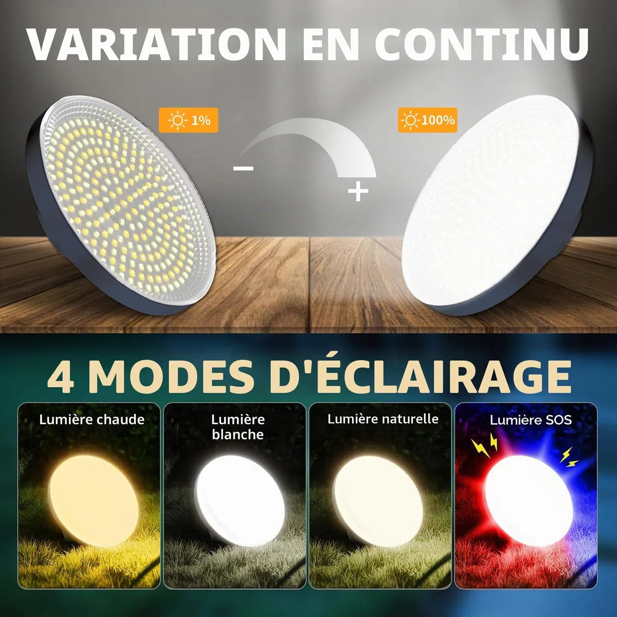 LETOUR Lampe de Camping Rechargeable, 4 Modes de Lumière Réglable Super Lumineuse, Portable avec Crochet Lampe Solaire Camping, Lanterne de Camping pour Extérieur et Urgence