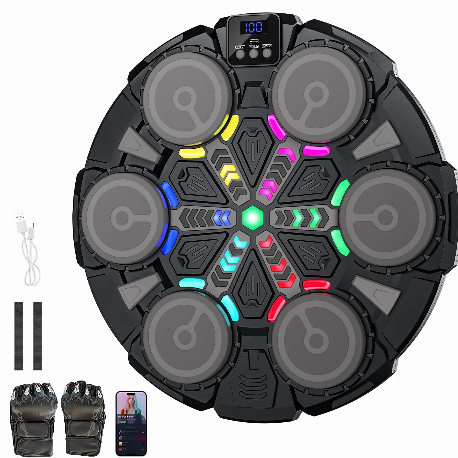 Machine de Boxe Musicale, Machine de Boxe Musicale Bluetooth Intelligente avec Gants de Boxe, 6 Vitesses, 2 Modes, Mode de Comptage, Cadeaux pour Enfants, Adultes (Noir-B)