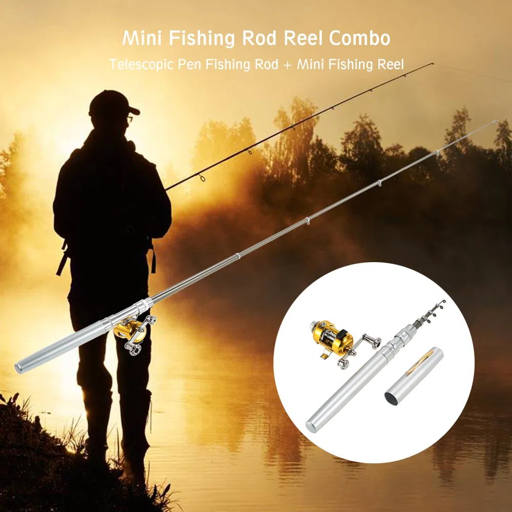 HUIOP Ensemble combiné de moulinet de canne à pêche Mini stylo de poche portable télescopique Canne à pêche et moulinet Ligne de pêche en alliage d'aluminium Leurres souples Appâts Jig Hooks,Fishing R