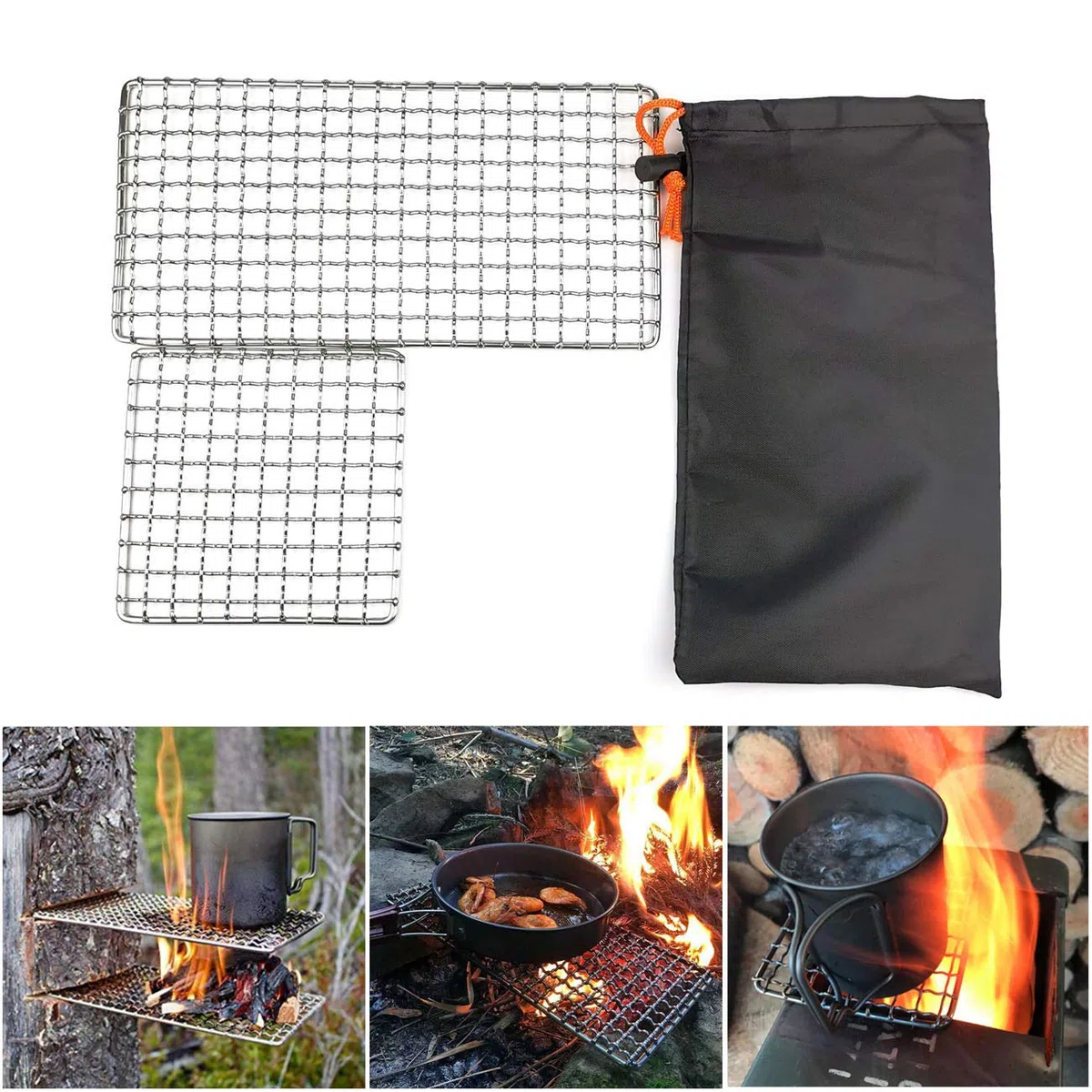 Bushcraft Lot de 2 grilles de camping en maille d'acier inoxydable haute résistance pour camping, randonnée, randonnée