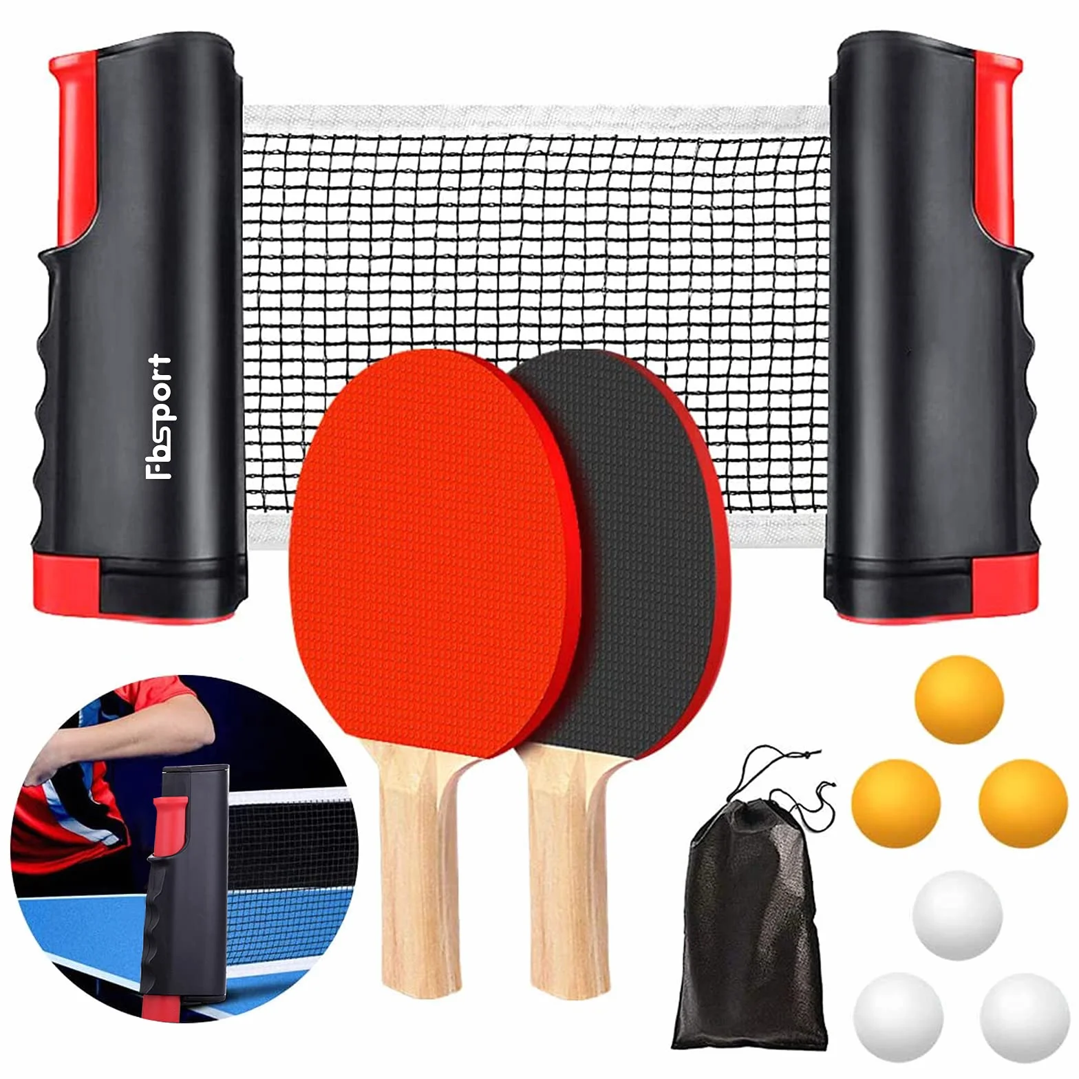 FBSPORT Ensemble de Tennis de Table Professionnel 2 Raquettes + Filet rétractable + 6 balles + 6 balles de Tennis de Table + 1 Sac de Transport pour Enfants, familles et Professionnels