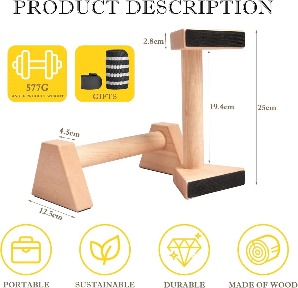 Barres parallèles en bois, supports solides pour pompes, pieds en caoutchouc antidérapants Barres pour appuis renversés Équipement de gymnastique pour le fitness, la gymnastique, l'aérobic, la muscula