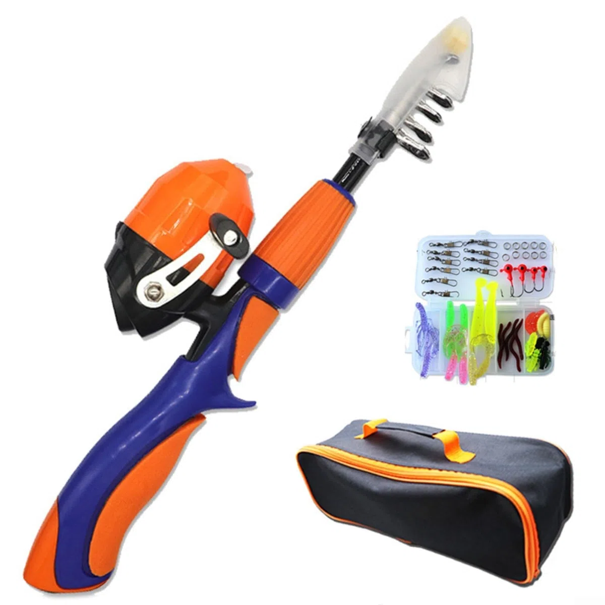 Ensemble de canne à pêche rétractable pour enfants avec moulinet et sac de rangement pour la pêche à la mouche portable pour les voyages et les sports de plein air (rose)
