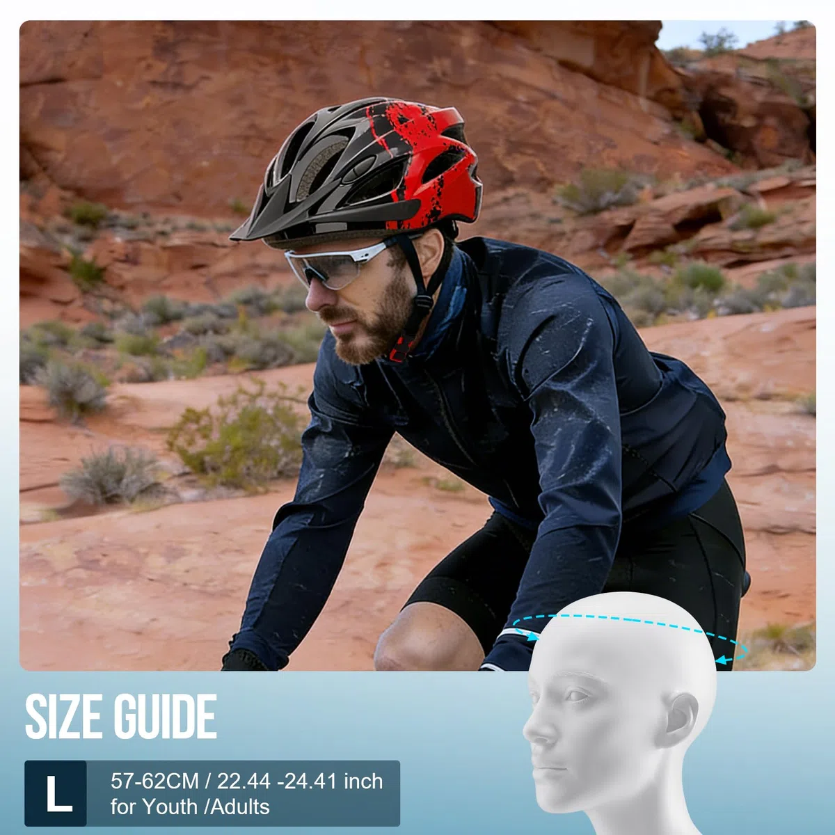 Casque de vélo pour Homme et Femme avec lumière pour Adulte Unisexe - Casque de vélo de Montagne réglable - 57 à 62 cm