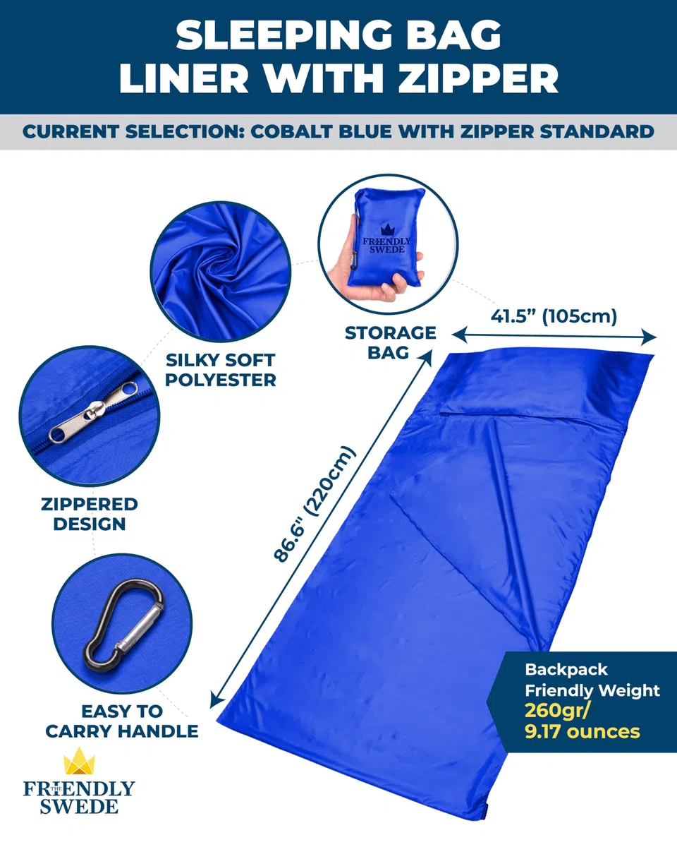 The Friendly Swede Sac de Couchage Inlay pour Camping et Voyage, Ultra léger, Petit encombrement, Soyeux Frais ou Chaud, coutil en Microfibre avec Sac de Compression