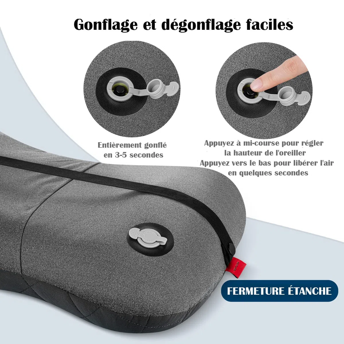 HIKENTURE Oreiller Gonflable Camping et Voyage avec Taie Amovible - Ultraléger, Compact et Confortable - Coussin Gonflable Ergonomique pour Extérieur, Camping, Trekking ou Randonnée - Noir