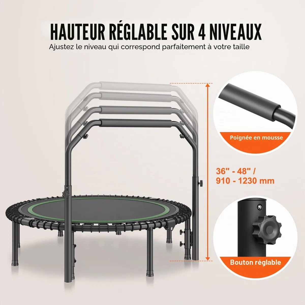 VEVOR Mini Trampoline Pliable, 1290 mm, Fitness rebounder, Charge Max. 205 kg, Stable et Silencieux avec poignée en Mousse réglable en Hauteur à 4 Niveaux, pour entraînement intérieur/Jardin Adultes