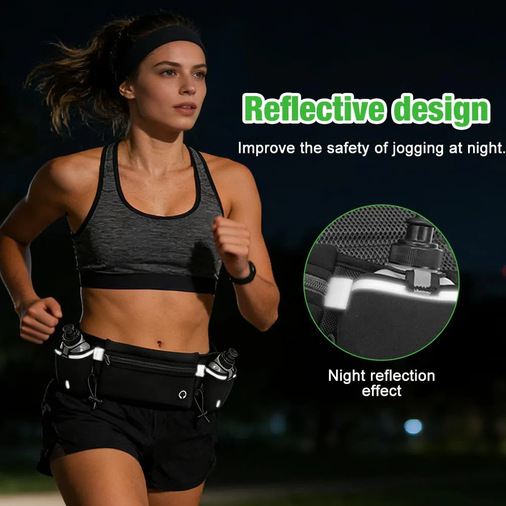 Mineup Ceinture Running Hydratation Course a Pied, Sac Banane Sport Belt, Fluorescent Homme Femme Sac Banane avec 2 Gourdes pour Trail Jogging Footing Randonnée Vélo Marathon Cyclisme (Noir)