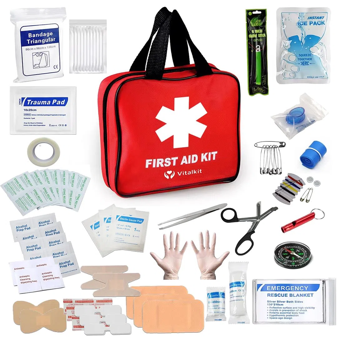 Kit 100 Pièces de Premiers Soins Trousse de secours complète pour la maison, travail, voiture, camping, randonnée - Trousse de Premiers Secours Compacte et Complète dans une Pochette de 19x16x5cm