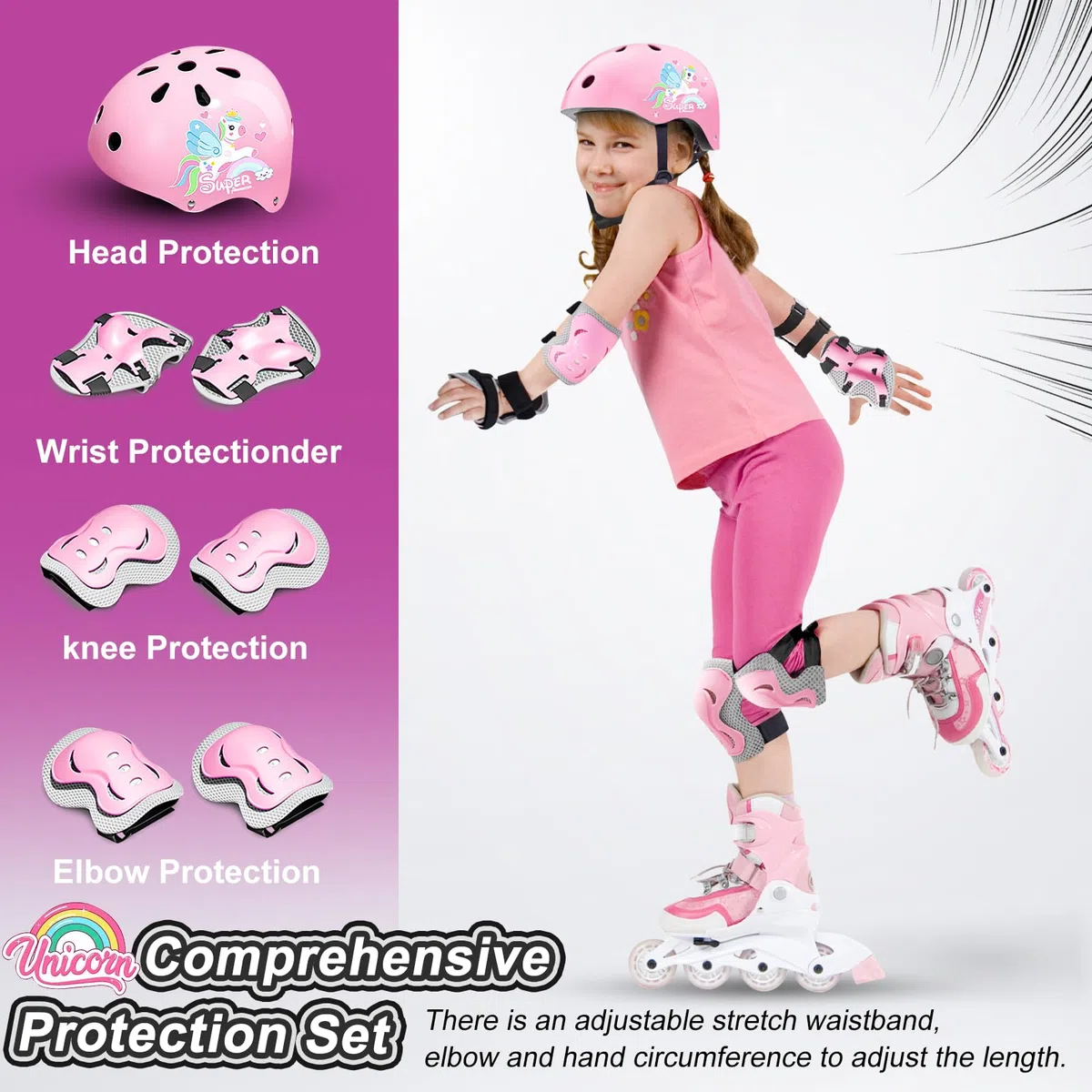Casque de vélo pour enfant avec équipement de protection, motif licorne rose, avec genouillères, coudières et autocollants décoratifs