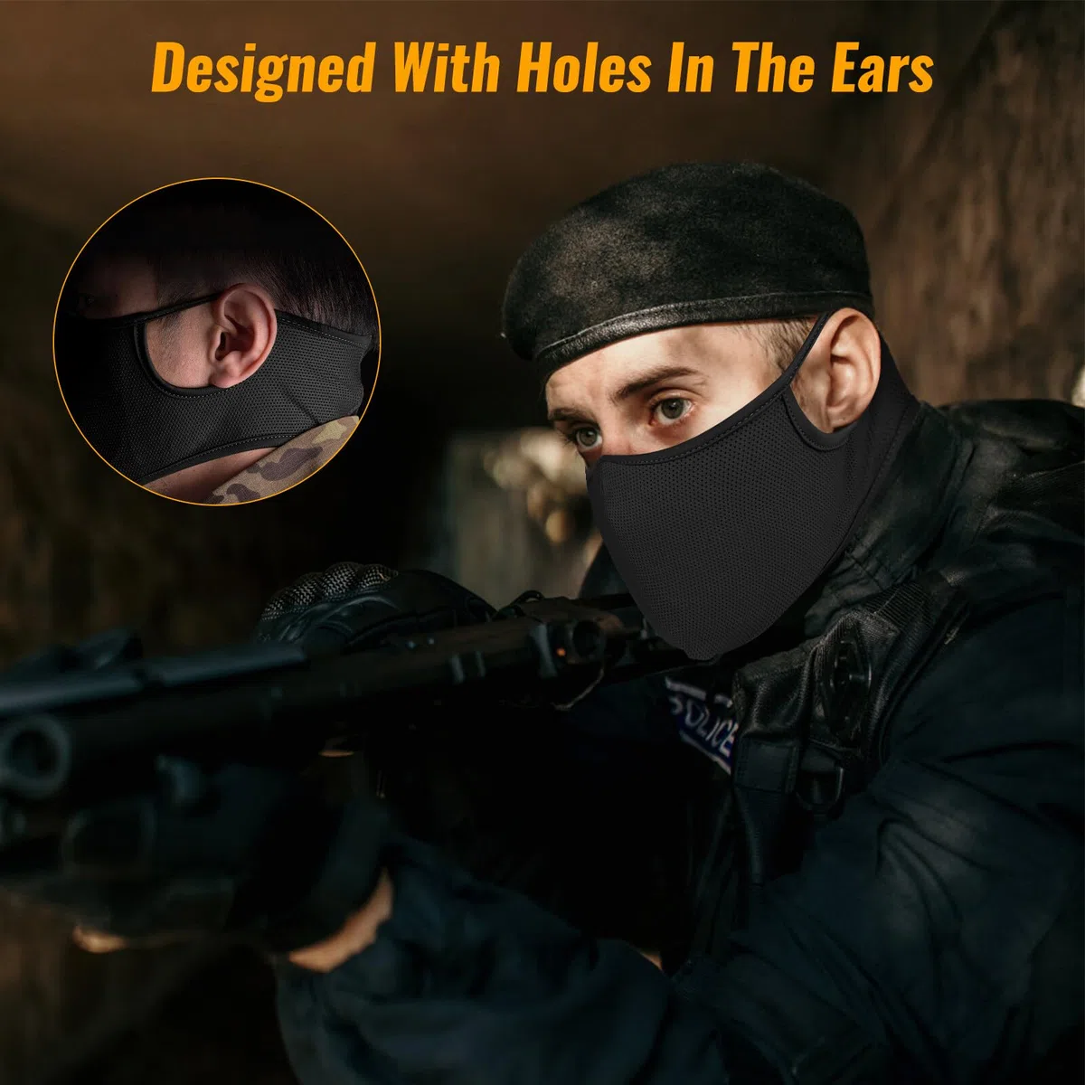 Qavctw Masque de tir Tactique Pliable Airsoft en Silicone Respirant Oreilles Libres Demi-Visage Masque Militaire en Maille pour tir, équitation, Escalade, Paintball, Chasse (M-Noir)