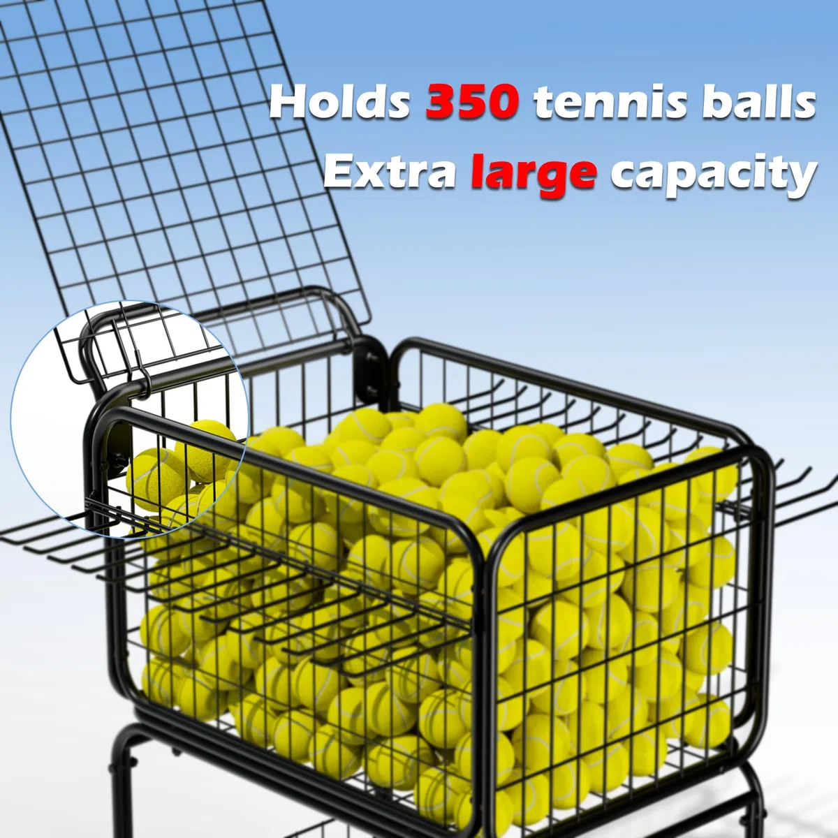 Chariot à balles de tennis, support de raquette de tennis, pour 350 balles, chariot chariot à roulettes, panier à linge, chariot utilitaire extra large pour le rangement d'équipements de sport