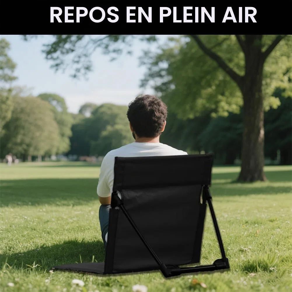 Chaise de sol avec dossier, natte de plage, fauteuil pliant, panier de plage, siège portable pour camping, pique-nique, activités de plein air, chaise de sol avec support (noir)