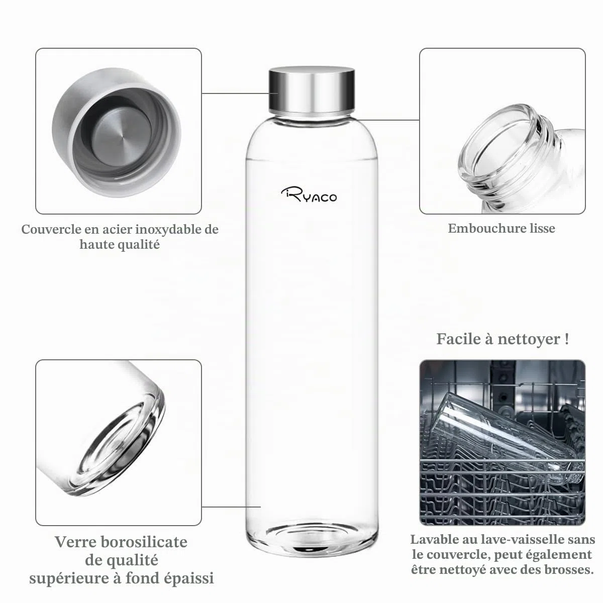 Ryaco Bouteille d'eau en verre de 1000ml/33oz sans BPA– Bouteille en borosilicate anti-fuite–Idéale pour maison, les voyages, le sport, le yoga, la gym, les boissons chaudes et froides avec