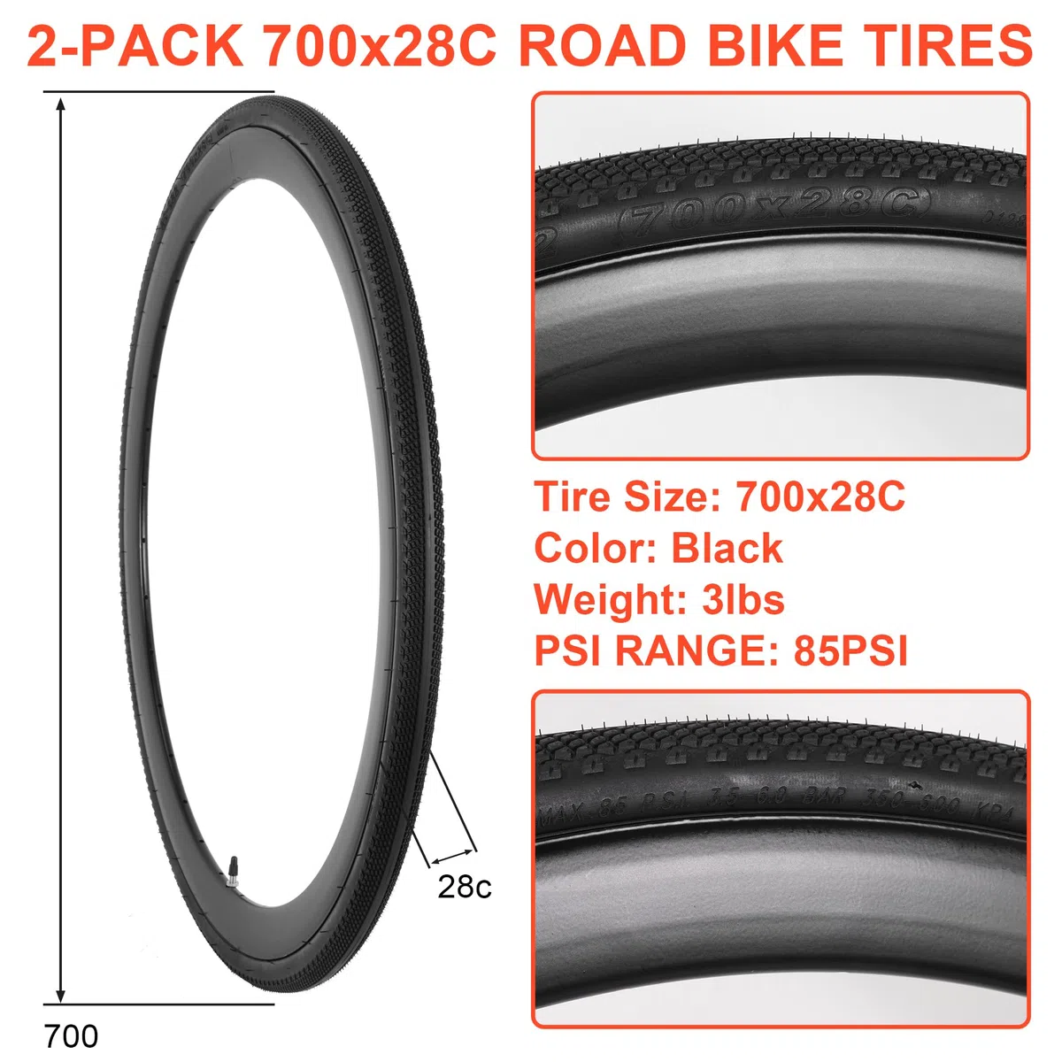 2-Pack 700x28C Tuyau de Vélo, 700C Pneus et Chambres à Air pour Vélos de Route, Remplissage Repliable Pneus de Vélo pour de Trajet Urbain (FR)