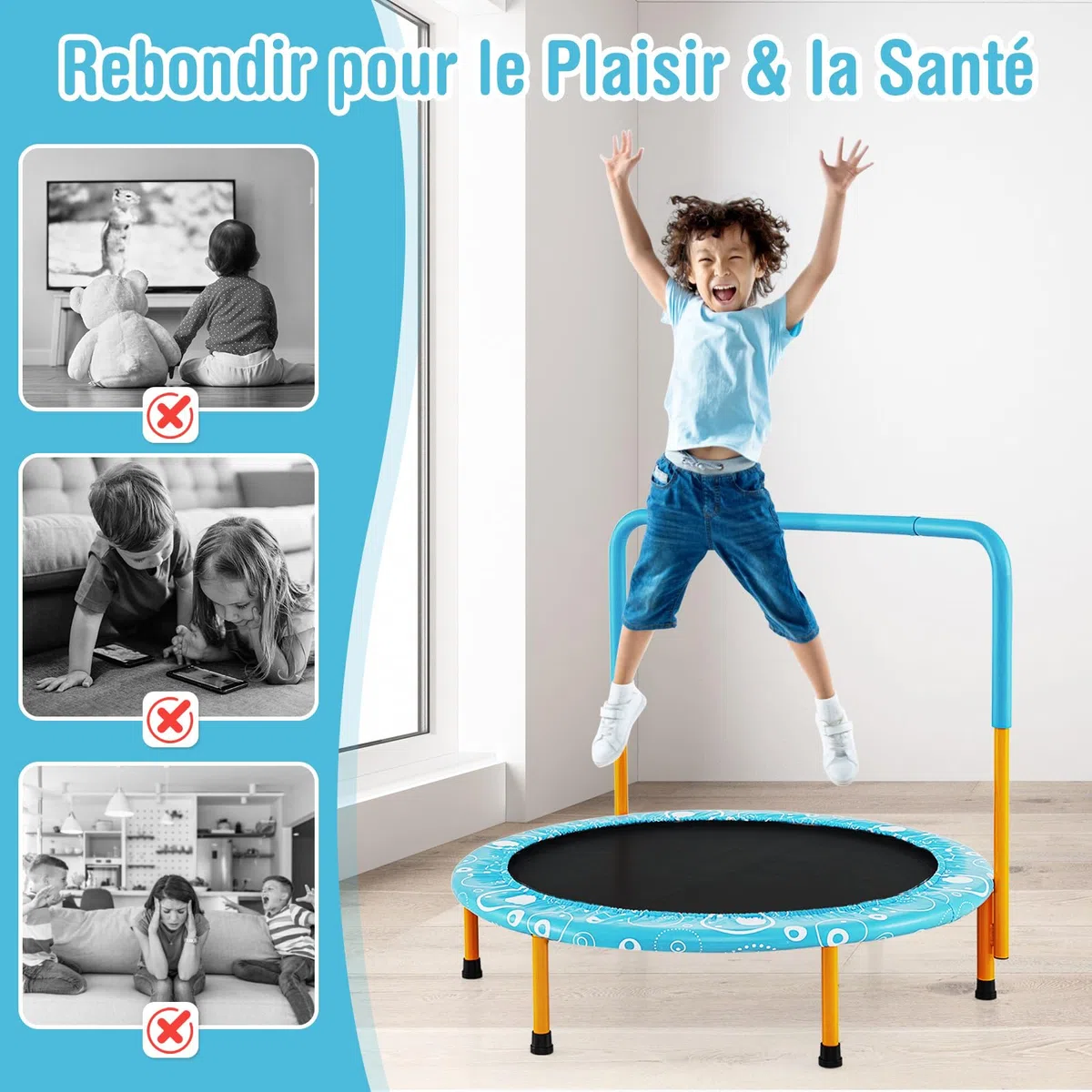 COSTWAY Mini Trampoline Enfants Pliable 92 cm avec Housse de Sécurité Matelassée et Poignée Recouverte pour Intérieur Charge maximale 150 KG
