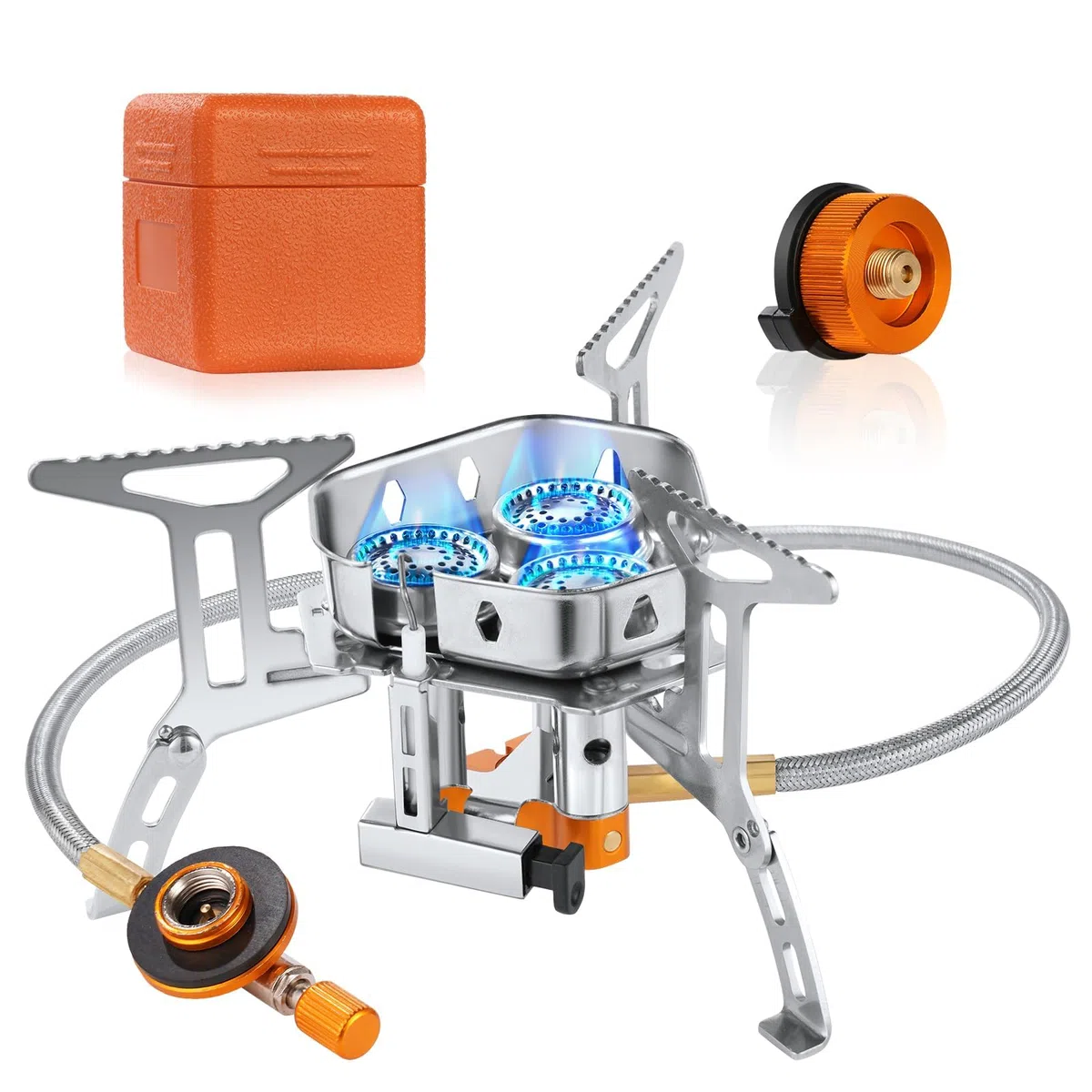Réchaud de Camping à Gaz, 6800W Portable Brûleur Camping Super Puissance de Feu, Trois brûleurs avec Bouton d'Allumage, Pliable Poids Léger Coupe-vent, pour Camping/Randonnée/Pique-Nique