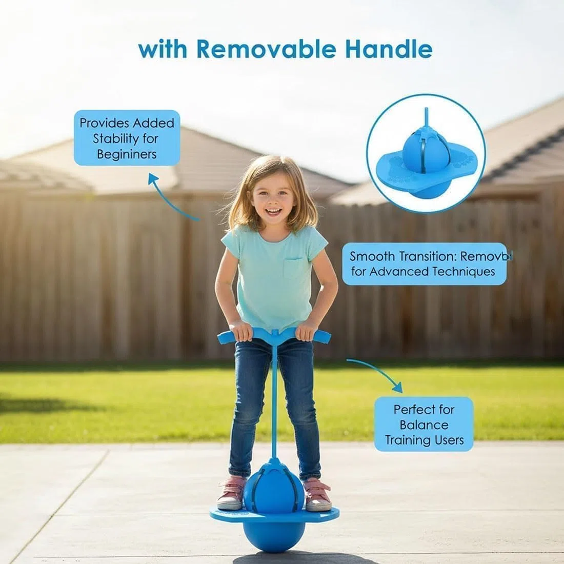 Générique Balle de Saut d'équilibre, Ballon Sauteur Pogo avec Poignée, Bâton Sauteur avec Repose-Pieds Antidérapants, Sûr et Amusant pour Intérieur et Extérieur (Bleu)