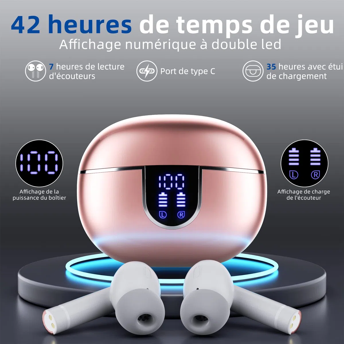 Ulfsaar Ecouteurs Bluetooth sans Fil, 2023 Oreillettes Bluetooth 5.3 avec HiFi Stéréo, Casque sans Fil avec 2 Mic Réduction de Bruit, Contrôle Tactile, 42H d’Autonomie, IP7 Etanche pour iOS Android