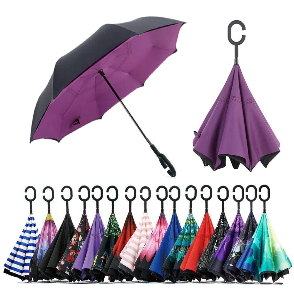 Parapluie double face coupe-vent et protecteur contre les UV - Pliable - Parapluie droit inversé pour hommes et femmes - Autoportant - Poignée en forme de C - pour golf/voitures (violet)