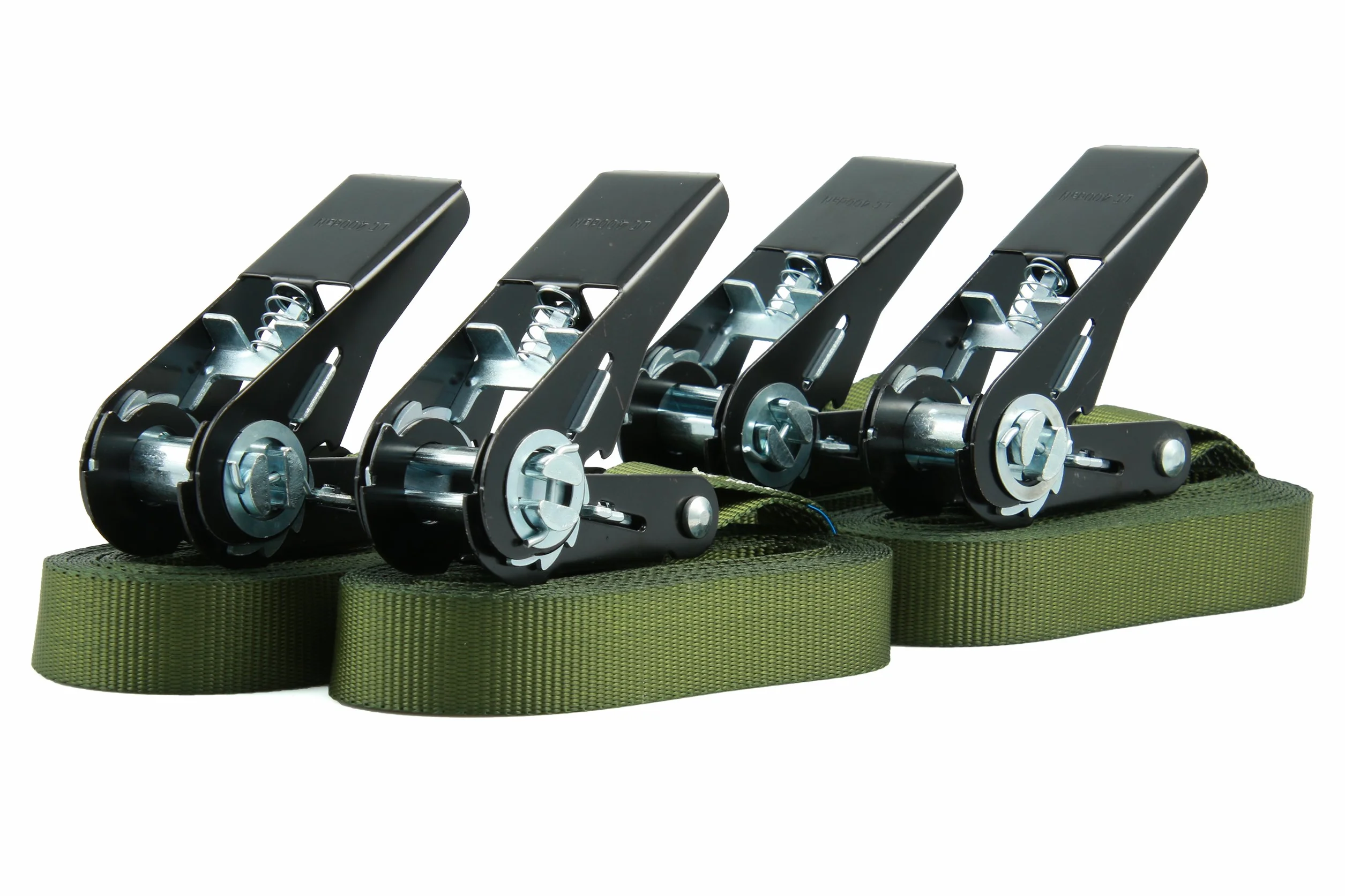 Lot de 4 Sangles d'arrimage Sangles à cliquet, Rochet Noir de Haute qualité, Charge admissible jusqu'à 400 kg, Selon DIN en 12195-2, Longueur 4m Largeur 25mm, en Une pièce, Vert Olive