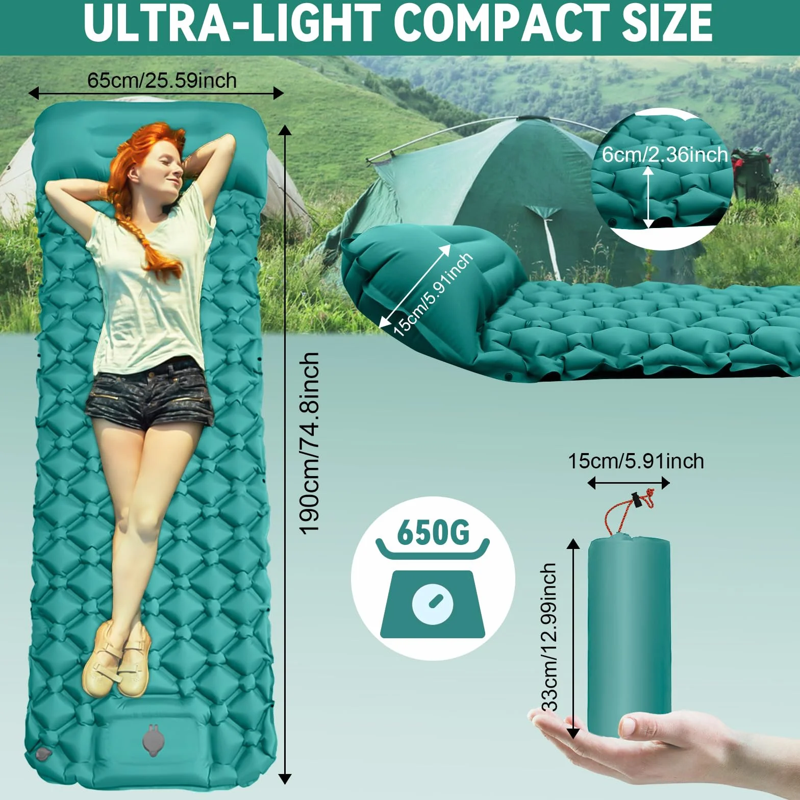 Tapis de Camping Gonflable Ultraléger avec Oreiller, Matelas de Camping Autogonflant avec Pompe à Pied, Portable Tapis de Matelas Pneumatique pour Plage, Aventures en Plein Air