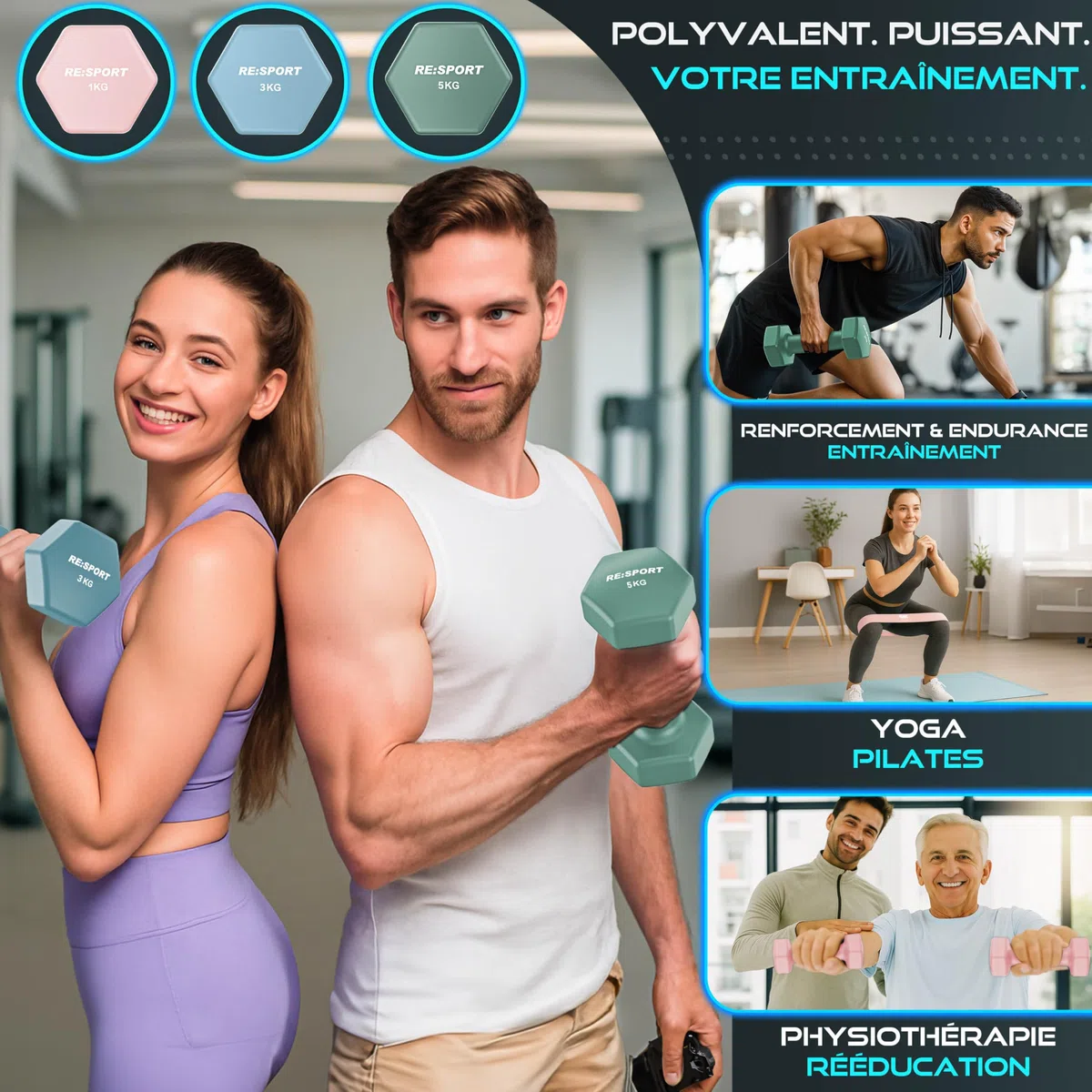 RE:SPORT® Lot de 3 paires d'haltères, 1 kg - 5 kg, 12 kg ou 18 kg - Avec support et 3 bandes de fitness - En néoprène antidérapant - Pour homme et femme