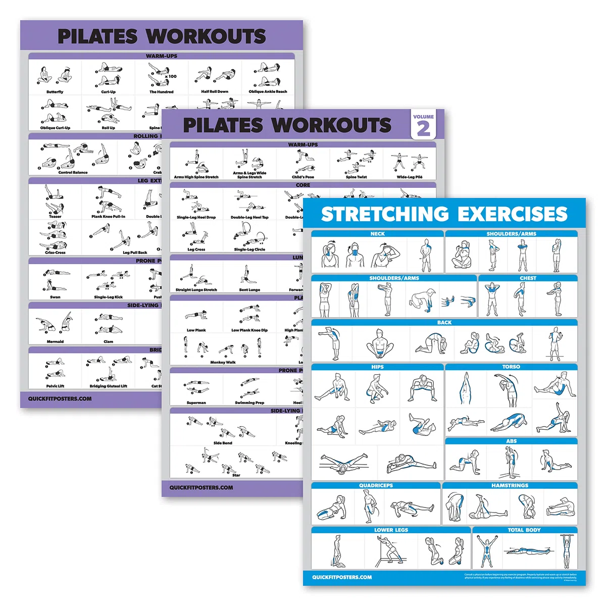 Lot de 3 affiches d'entraînement de pilates, volume 1 et 2 + routine d'étirement, tapis de pilates, exercices de travail, tableaux de fitness (45,7 x 61 cm, laminé)