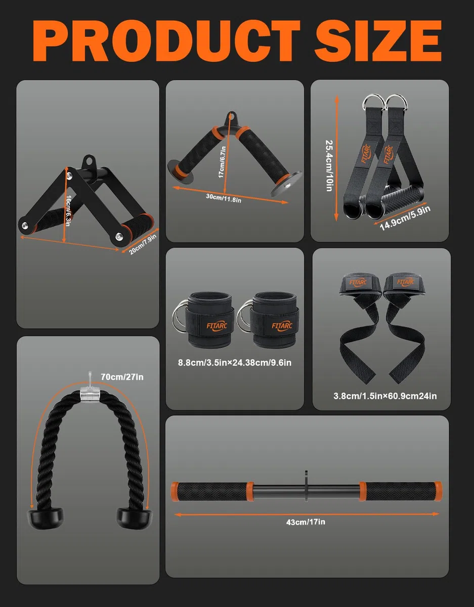 Set d'attaches pour machine à câble Fitarc pour gym à domicile, attaches pour traction LAT et triceps avec poignée en D, barre en V, corde pour triceps, barre droite, poignées étriers, sangles pour