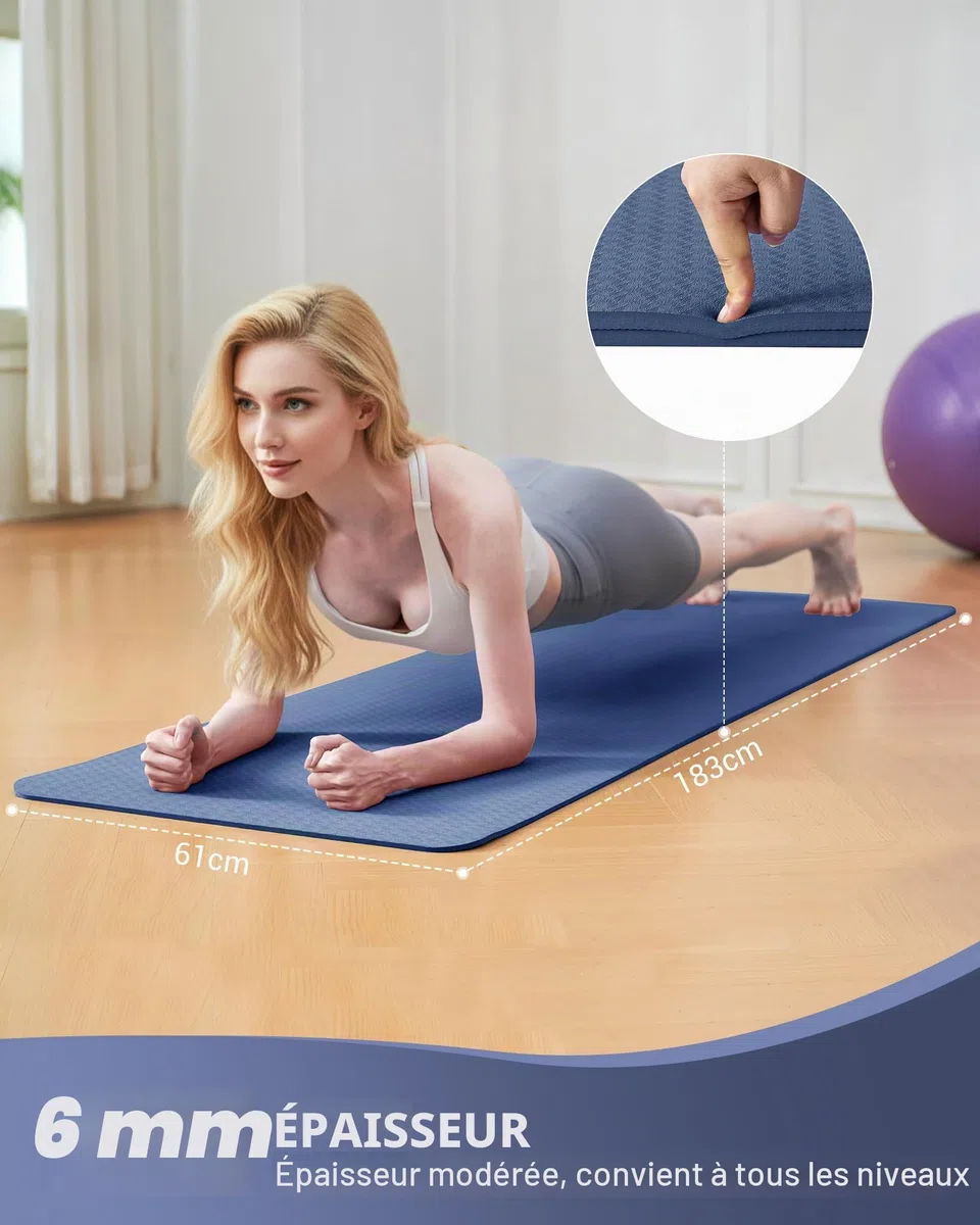 Good Nite Tapis de yoga de gymnastique et de pilates antidérapant pour femme 6 mm d'épaisseur avec sangle de transport TPE 183 x 61 x 0,6 cm
