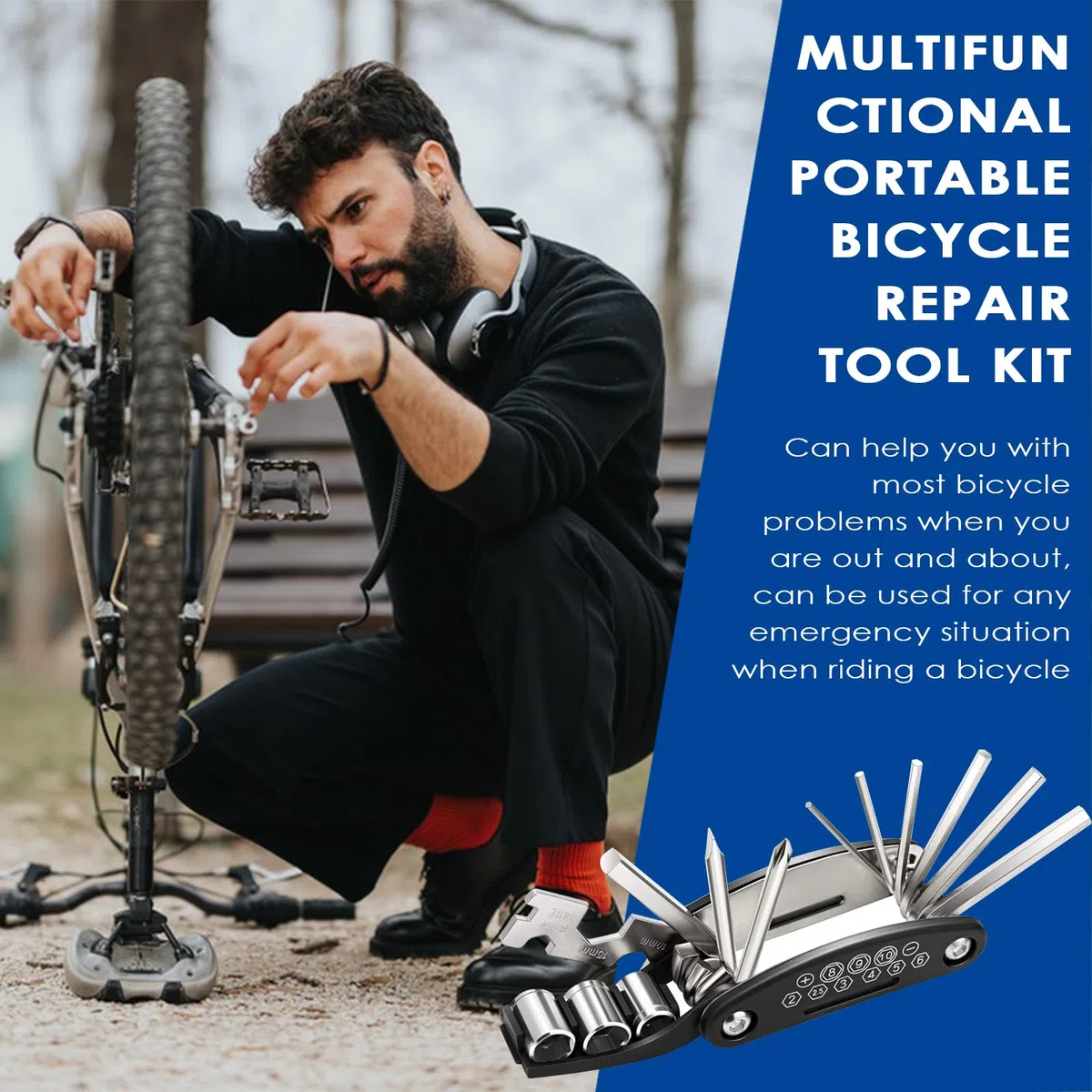 Kit Reparation Velo, 16 en 1 Kit Crevaison Velo, Trousse Multifonction Outils Pneu, Kit Velo Convient pour Une Utilisation Situations d'urgence Lors de Voyages Longue Distance