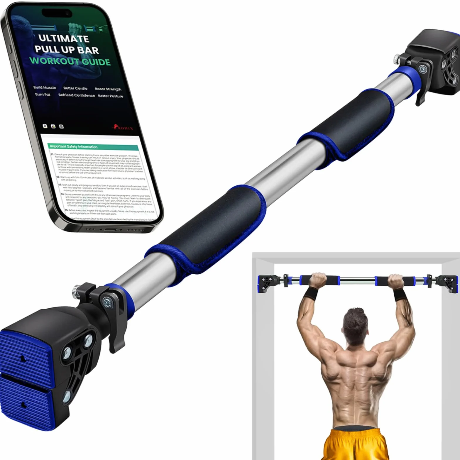 ROMIX Barre de Tractions Porte, Réglable de 72-97 cm Barre de Traction Sans Fixation, Multifonction Exercice Équipement avec Poignée Sécurisée, Pull Up Bar Antidérapante et Chargeable Jusqu'à 200 kg