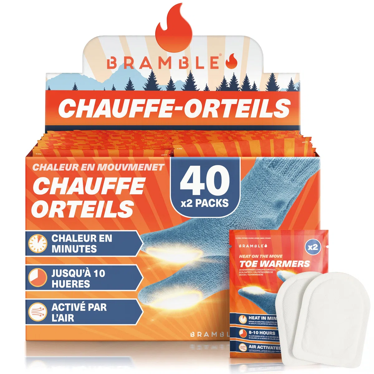 Bramble - Chauffe-Orteils adhésifs (40 Paires, 80 au Total) - Patchs adhésifs Ultra-Fins pour Chaussures et Bottes - Activés à l'air et sans Odeur - Jusqu'à 10 Heures de Chaleur