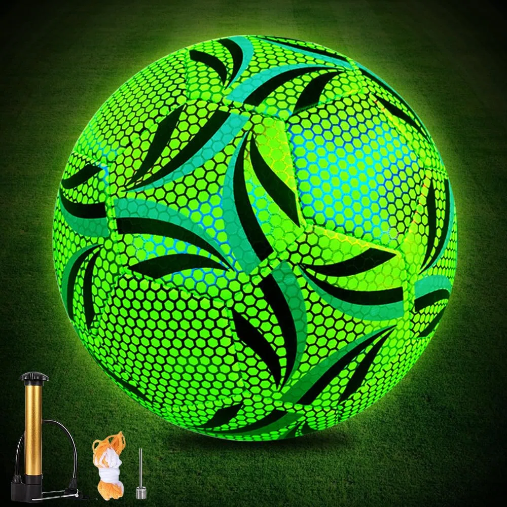 Ballon de Football en Fluorescence, Ballon De Foot Taille 5 pour Enfant et Adultes, Ballon de Football Lumineux avec Pompe, pour entraînement de Football, Jeux de Nuit, intérieur et extérieur
