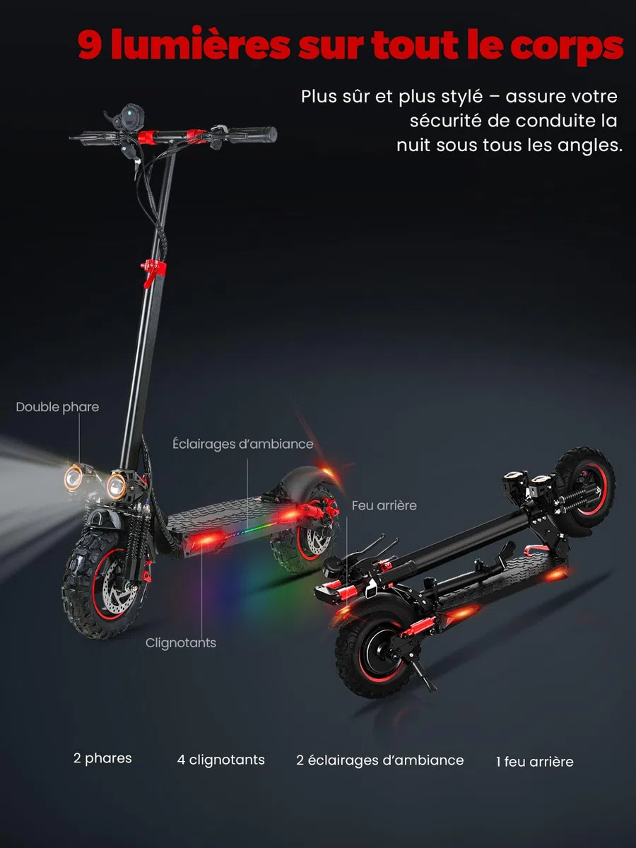 Trottinette Électrique Adulte 1200W Moteur, Autonomie 45-55KM Batterie 48V 18Ah Trotinette Electrique Pliante Portable, Roues 11" Tout Terrain Double Suspension Frein à Disque Double Escooter