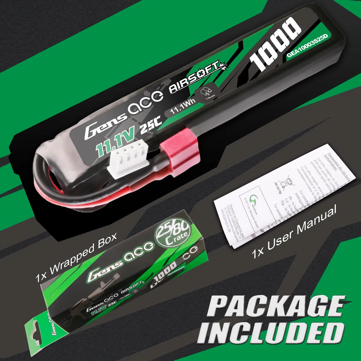 Gens ace 3S 25C 1000mAh 11.1 V 3S1P Batterie Lipo Airsoft Rechargeable avec connecteur Deans T pour Les Modèles Airsoft