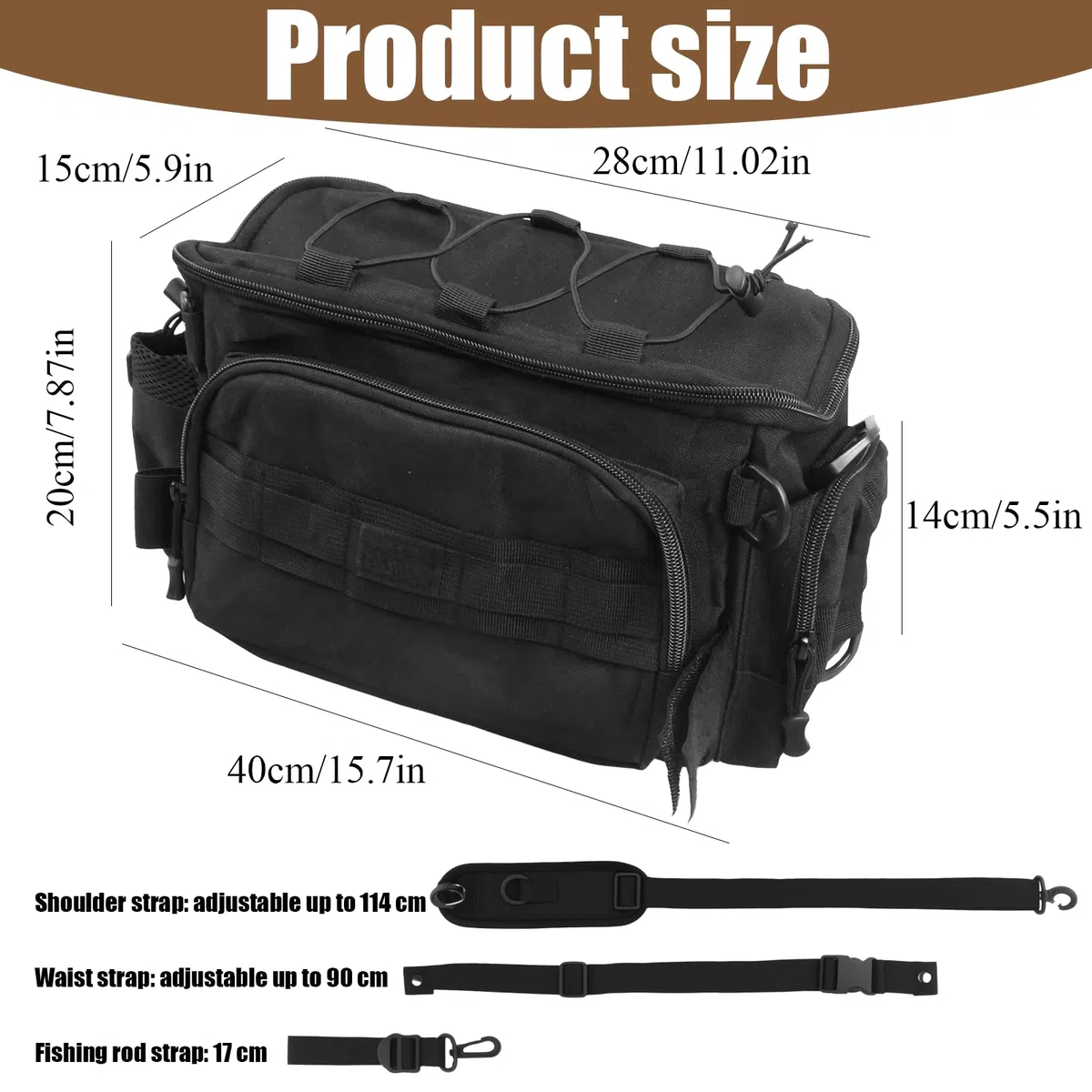 Sac de pêche - Sac de pêche - En tissu Oxford imperméable - Grande capacité - Multifonctionnel - Avec bandoulière rembourrée - Sangle ventrale - Pour pêcheurs - Noir
