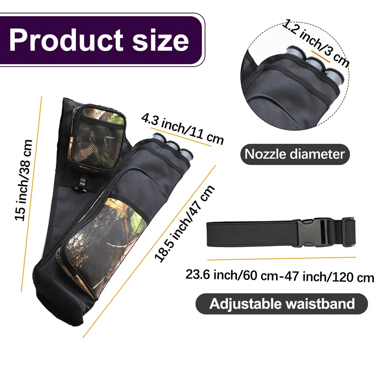 Sac de transport à 3 tubes avec poches, ceinture réglable pour la chasse, la pratique sur cible et le tir en plein air, convient aux jeunes et aux adultes
