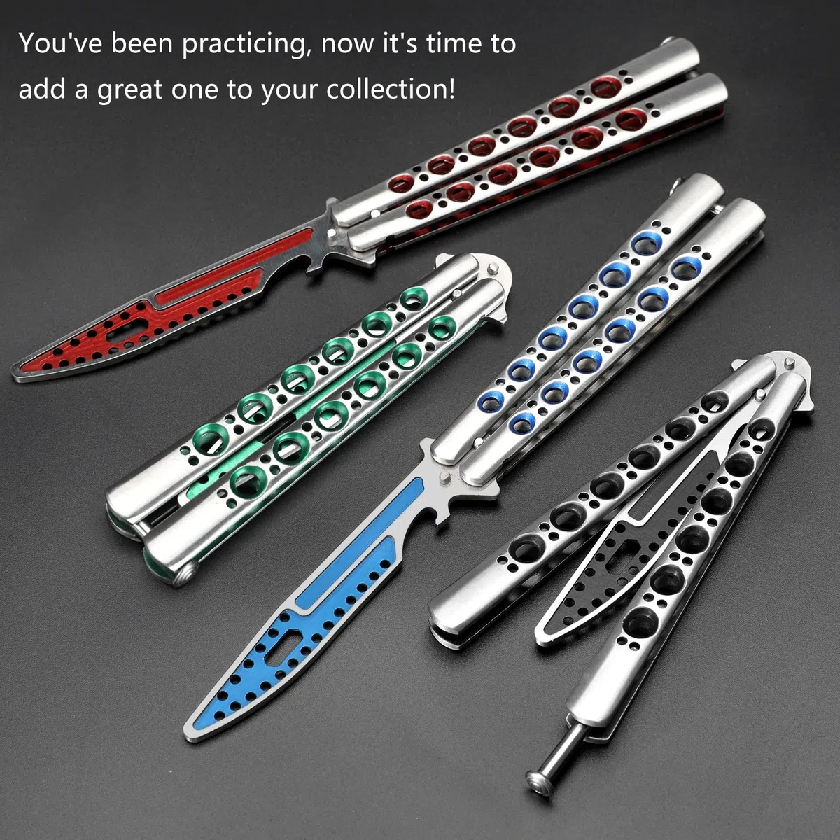 MARCOLO Entraîneur de papillons d'entraînement complet en acier inoxydable terne Balisong Trainer Peigne d'entraînement papillon non affûté pour CS GO Outil multifonctionnel avec clé hexagonale Bleu